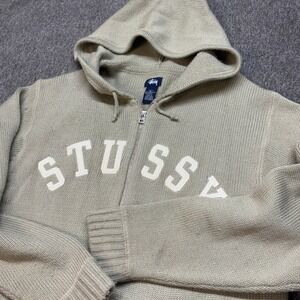 Vintage Stussy Wool Blend Chunky Knit Full Zip Hoodie Sweater Mens L Baggy Beige